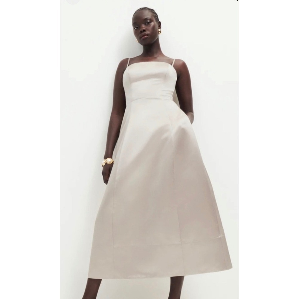 Reformation Kayden Satin Champagne Midi Dress Square Neck A-Line NWT S